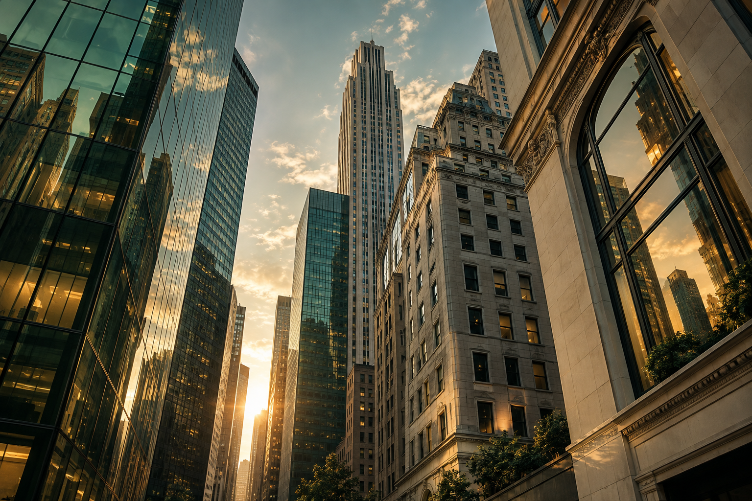 Glass and limestone city architecture in warm evening light
