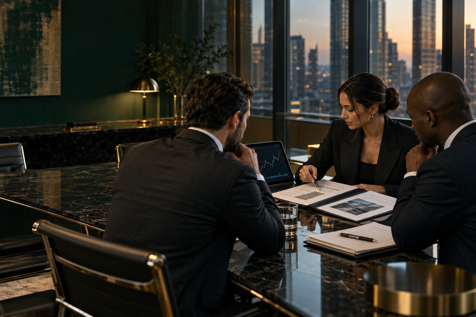 Premium finance boardroom with business executives reviewing a commercial funding opportunity