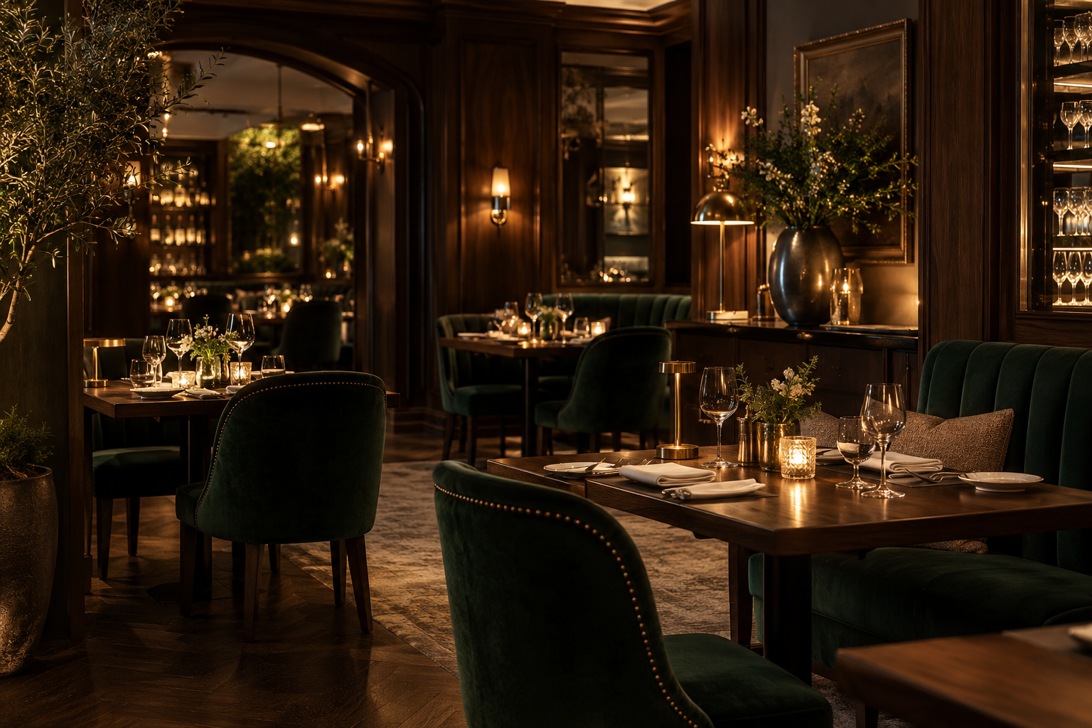 Warm restaurant interior with walnut and brass finishes